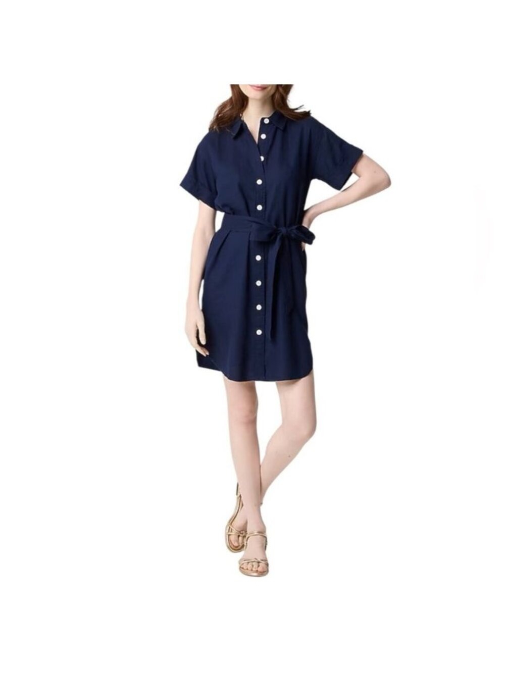 J. Crew Factory Linen Belted Navy Blue Mini Shirt Dress Short Sleeves Button-Up